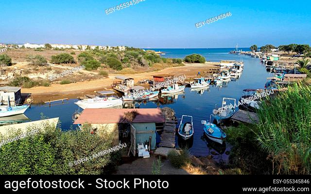 Aerial bird's eye view of Liopetri river to the sea (potamos Liopetriou), Famagusta, Cyprus. A landmark tourist attraction fishing village