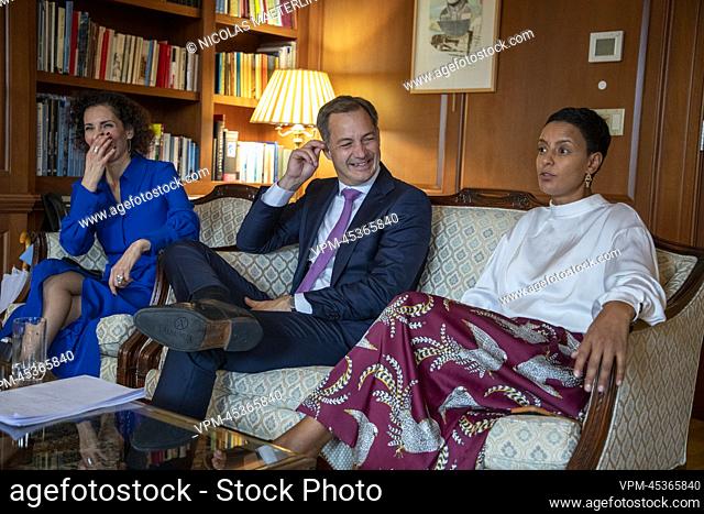 Foreign minister Hadja Lahbib, Prime Minister Alexander De Croo and Minister for Development Cooperation Meryame Kitir talk to the press during the 77th session...