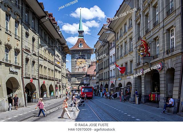 Bern, Berne, Clock, Kramgasse, Switzerland, Europe, architecture, city, downtown, famous, flags, old town, roofs, skyline, street, touristic, tower, travel