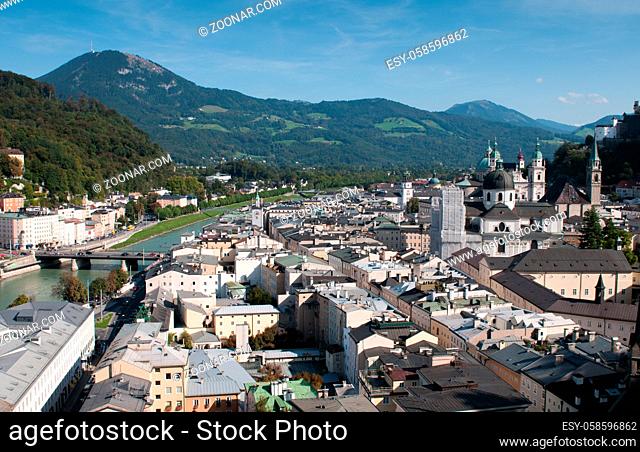 Cityscape of the old town of Salzburg in Austria, from the castle hill
