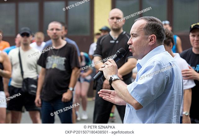Gathering of members of Workers party against the refugee camp in Vysni Lhoty, Czech Republic, July 18, 2015. Chairman of Workers Party Tomas Vandas speaks to...
