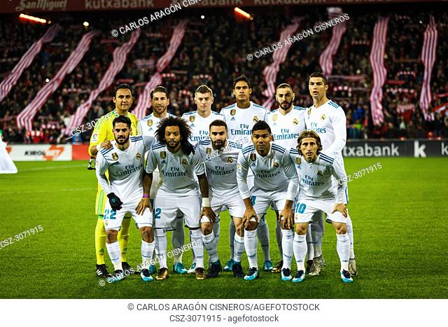 Cristiano Ronaldo, Keylor Navas, Sergio Ramos, Varane, Kroos, Benzema, Modric, Marcelo, Isco, Real Madrid players poses for the press before the Spanish League...