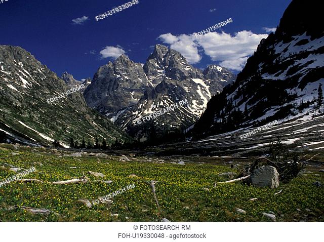 Grand Teton National Park, Wyoming, Rocky Mountains, Cascade Canyon Trail in the Grand Teton National Park. Snow-capped mountains and valley