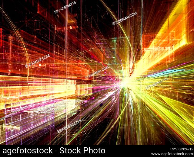 Abstract technology perspective background - computer-generated 3d illustration. Digital art: colorful straight lines converging to a point like street of...