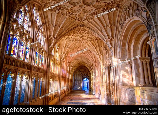 The cloisters of Gloucester Cathedral in Gloucester, England, UK