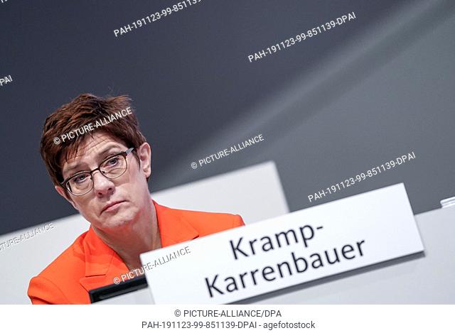 23 November 2019, Saxony, Leipzig: Annegret Kramp-Karrenbauer, federal chairman of the CDU and defense minister, is following the debate at the 32nd CDU federal...
