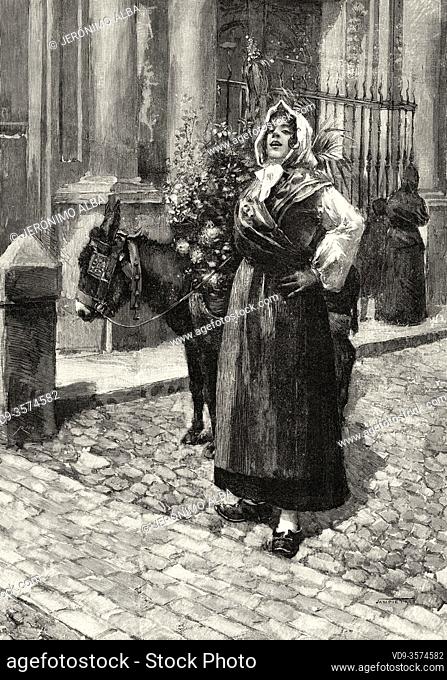 Flower Seller. Portrait of Street vendor of flowers in the city of Madrid, late 19th century, Spain. Old XIX century engraved illustration from La Ilustracion...