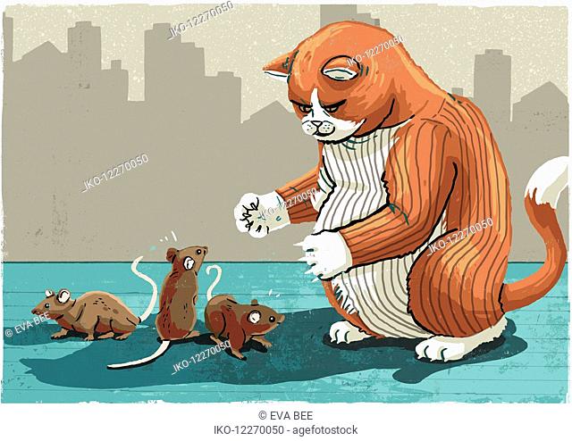 Pinstripe fat cat and three frightened mice
