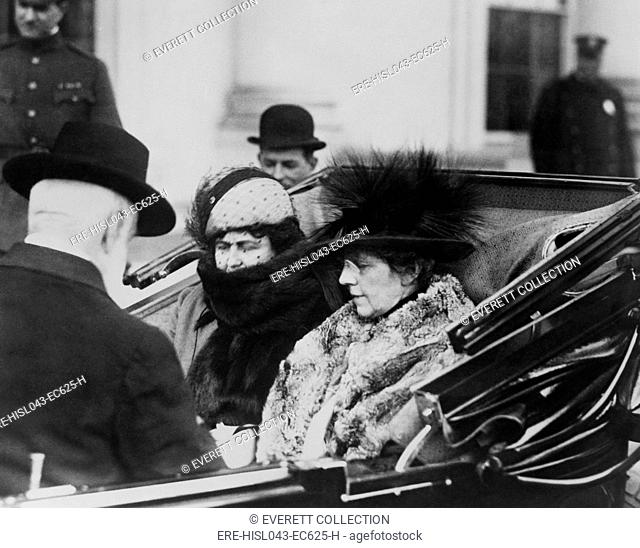 Outgoing First Lady Edith Wilson, left, with her successor, Florence Harding, March 4, 1921. They ride in an open automobile