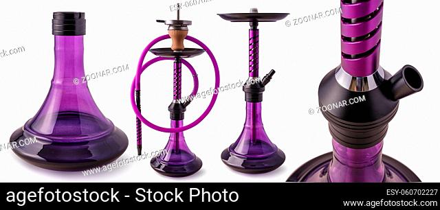 Close up of a Isolated modern purple hookah on white background. Diferent parts of a water pipe