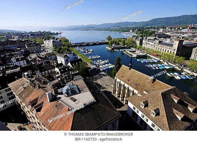 View from one of the towers of Grossmuenster, Great Minster Church, over the Limmat River and Lake Zurich, Zurich, Switzerland, Europe