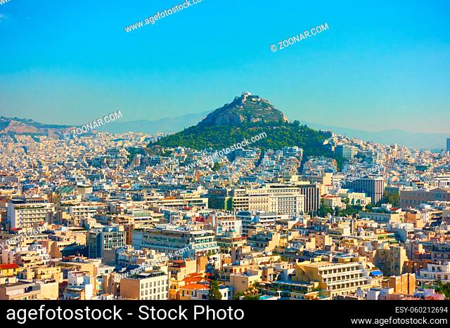 Panoramic view of Athens city. and Mount Lycabettus, Greece. Cityscape