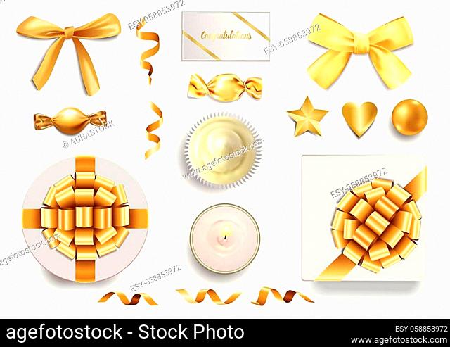 Top view gold objects set on white background. Luxury elements for greeting and birthday cards, wedding invitation, gift voucher and covers