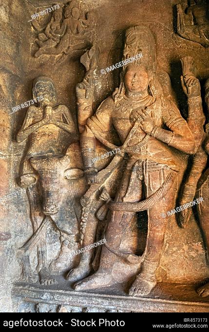 Lord Shiva with Rishaba Sculpture in Cave 1, Badami, karnataka, South India, India, Asia