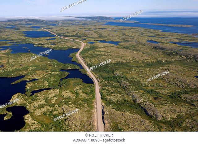 Aerial view of Highway 510 between Cartwright and Mary's Harbour in Southern Labrador, Newfoundland & Labrador, Canada