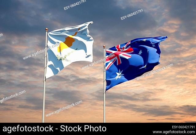 Beautiful national state flags of Australia and Cyprus together at the sky background. 3D artwork concept