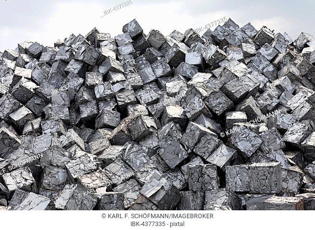 Mountain of scrap metal, pressed into cubes, metal waste from industrial production, Port of Duisburg, Duisport, Ruhr district, North Rhine-Westphalia, Germany