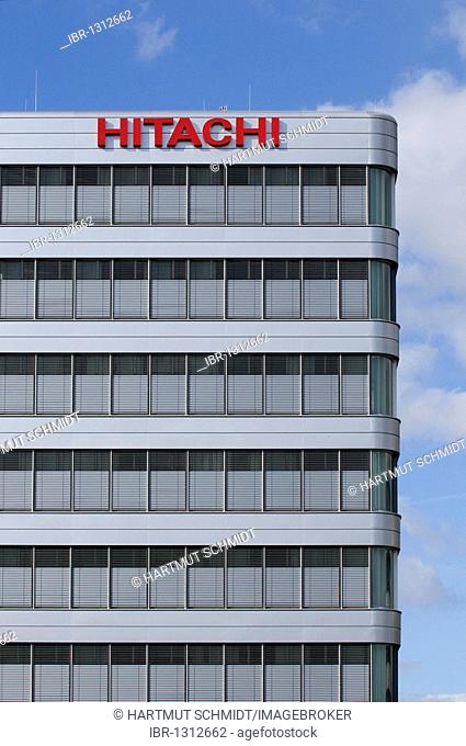 Logo on an office building, Hitachi Power Europe, Hitachi Power Office Duisburg Inner Harbor, North Rhine-Westphalia, Germany, Europe