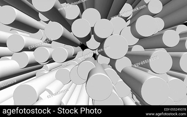 Abstract background with white cylinders on black backdrop. 3D rendering