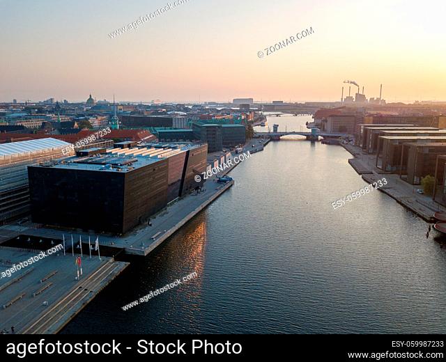 Copenhagen, Denmark - August 27, 2019: Aerial drone view of The Royal Library, also know as the Black Diamond
