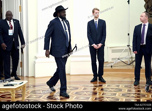 RUSSIA, MOSCOW - SEPTEMBER 28, 2023: South Sudan's President Salva Kiir Mayardit (C front) is seen during a meeting with Russia's President Putin at the Moscow...