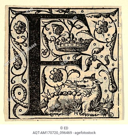 Drawings and Prints, Print, Initial letter F with lion (?) and crown, mid-16th century, 1532, 1554, Woodcut, Sheet: 2 3/8 × 2 3/8 in. (6 cm)