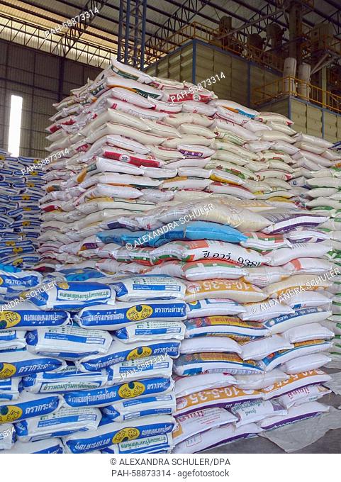 Stacked sacks of rice at a rice factory in Sukhothai, Thailand, 24 February 2015. Rice is the most important agricultural commodity and staple food in Thailand