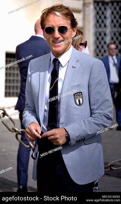 The Italian coach of the Italian national football team Roberto Mancini leave after attending a ceremony at the Quirinale presidential palace in Rome (Italy)
