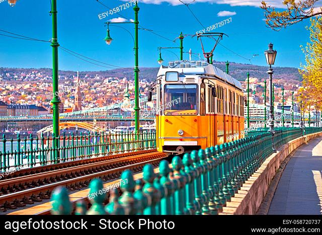 Budapest Donau river waterfront historic yellow tramway view, capital ofHungary