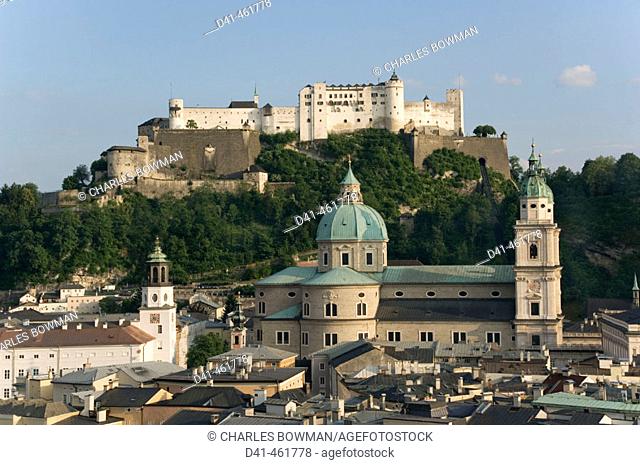Europe, Austria, Saltzburg, cityscape showing the cathedral and Hohensalzburg Fortress