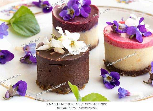 Raw vegan desserts on a plate with fresh violet and lungwort flowers