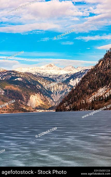 Clear Cold Landscape with blue sky at Grundlsee, Austria, winter, frozen lake