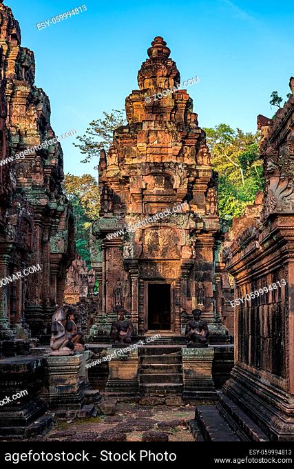 Banteay Srei - a 10th century Hindu temple dedicated to Shiva. The temple built in red sandstone was rediscovered 1814 in the jungle of the Angkor area of...
