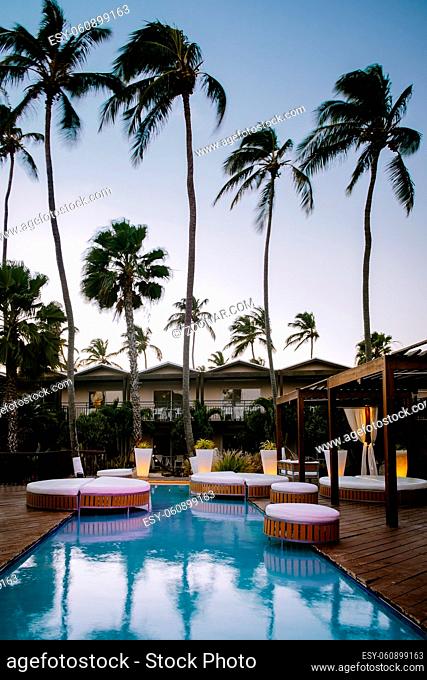 Aruba Caribbean Hammock on the beach with palm trees and a luxury swimming pool.Aruba