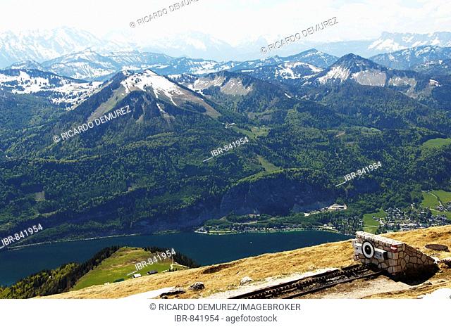 View of Wolfgangsee Lake and its mountain region, in the front the end of the cog railway, Salzburg, Austria, Europe