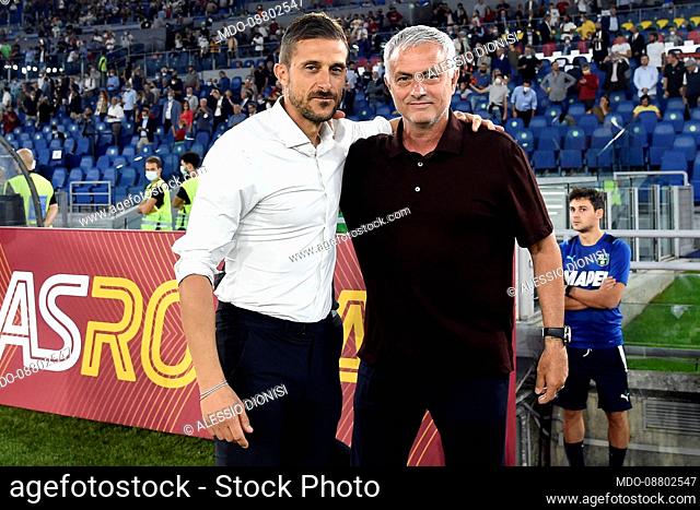 The Roma trainer Jose Mourinho and the Sassuolo trainer Alessio Dionisi during the Roma-Sassuolo match at the Olympic stadium