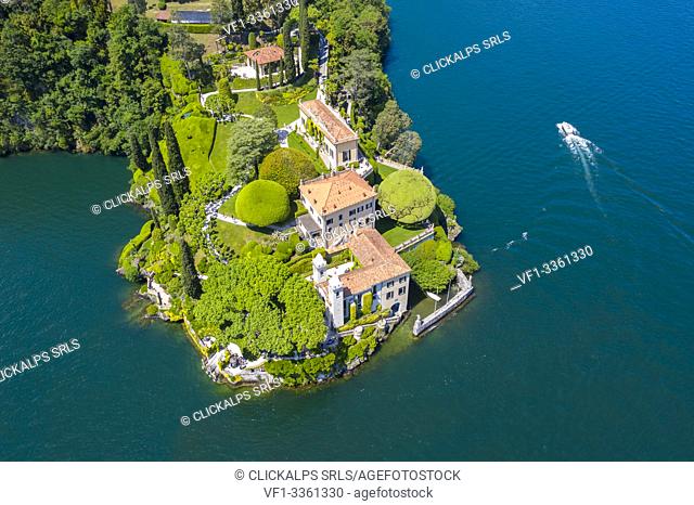 Aerial view of the Villa del Balbianello, on the Lavedo peninsula. Lenno, Tremezzina, Como Lake, Lombardy, Italy