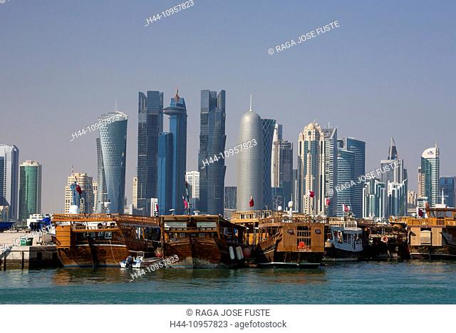 Doha, Qatar, Middle East, architecture, bay, boats, buildings, city, colourful, futuristic, harbour, marina, skyline, skyscrapers, touristic, traditional