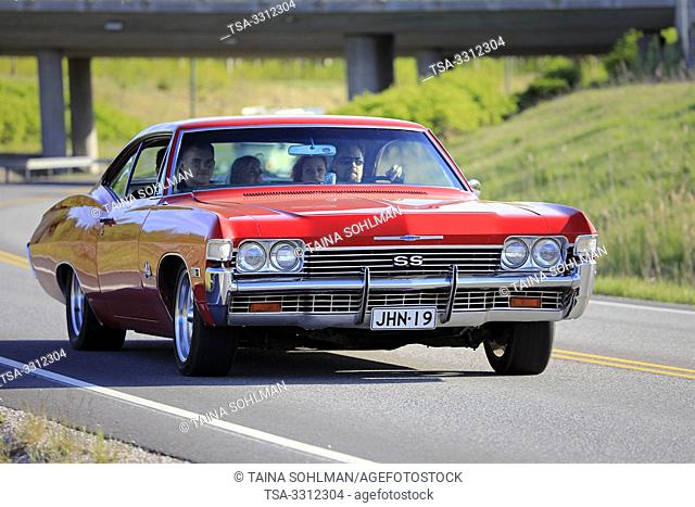 Salo, Finland. May 18, 2019. Red Chevrolet SS Super Sport on the road on Salon Maisema Cruising 2019. Over 450 vehicles participated in the popular event