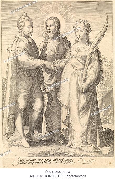Marriage of spiritual love through Christ closed, Jan Saenredam, Hendrick Goltzius, Cornelius Schonaeus, 1575-1607