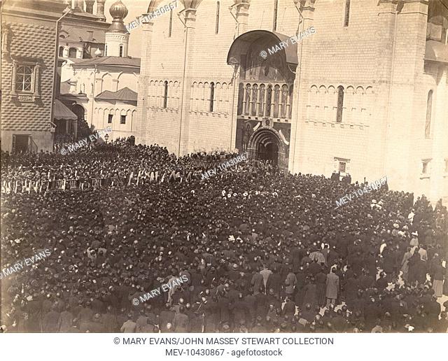 View of the Coronation procession of Tsar Nicolas II, entering Uspensky Cathedral within the Kremlin complex in Moscow, Russia