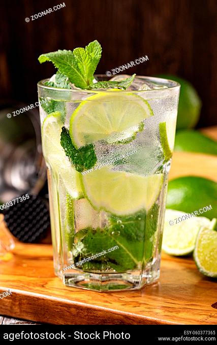 Fresh Mojito cocktail with lime, mint and ice