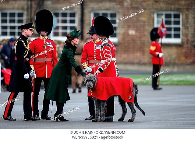 The Duke of Cambridge, Colonel of the Irish Guards, accompanied by The Duchess of Cambridge, present shamrocks to the 1st Battalion Irish Guards at the St