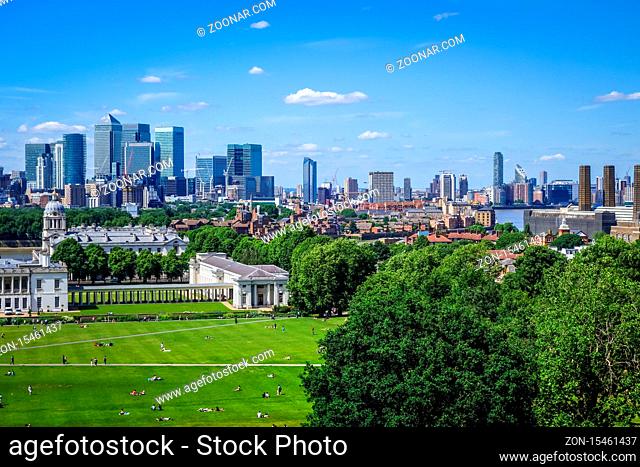 Canary Wharf panoramic view from Greenwich Park, London, United Kingdom