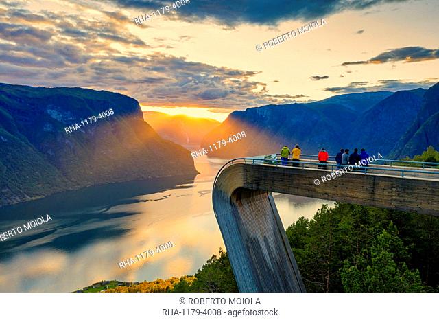 People admiring sunset from Stegastein viewpoint, aerial view, Aurlandsfjord, Sogn og Fjordane county, Norway, Scandinavia, Europe