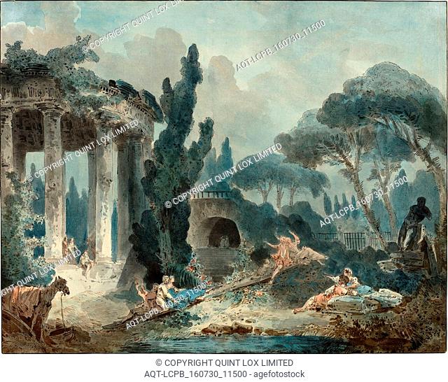 Style of Hubert Robert, The Seesaw, pen and black ink and watercolor on laid paper