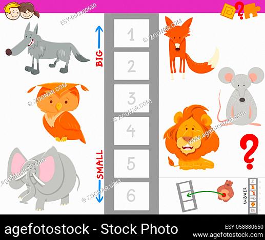 Cartoon Illustration of Educational Game of Finding the Largest and the Smallest Animal with Funny Characters