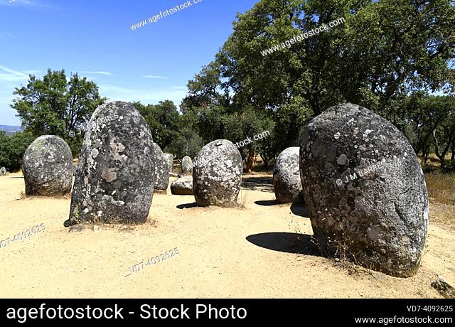 Cromlech of the Almendres, archaeological site. Nossa Senhora de Guadalupe, Evora, Alentejo, Portugal