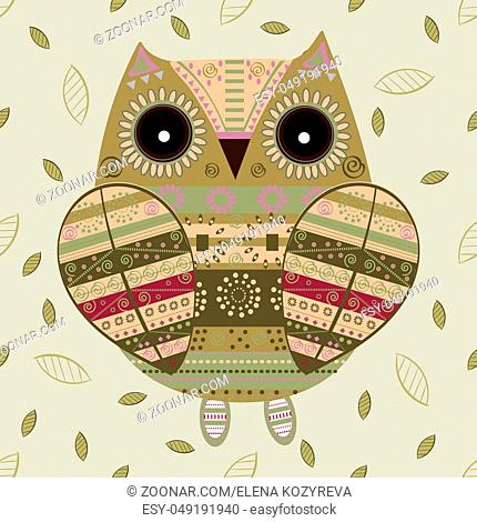 Cute owl with ethnic ornament. Animal bird symbol of wisdom. Funny owl. Vector owl. Bird of prey owl