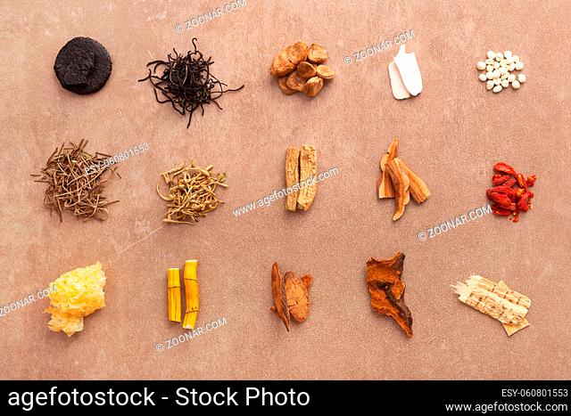 Traditional chinese medicine. Various medical herbs. Monk fruit, luo han guo, reishi mushroom, goji berries and other healing plants